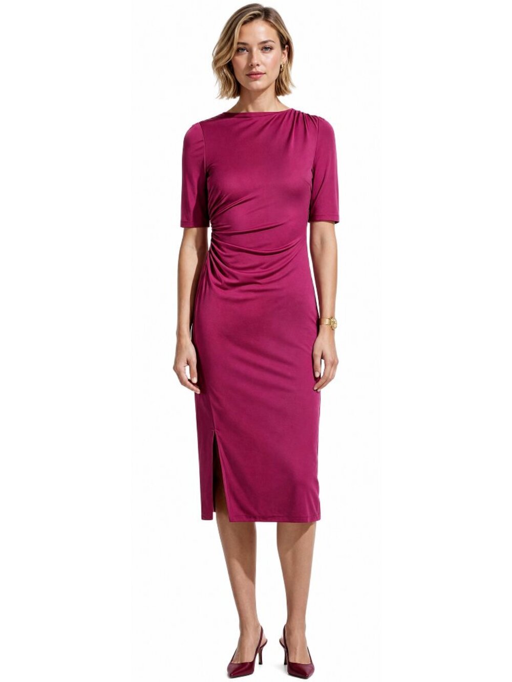 Anne Klein Short-Sleeve Ruched Midi Dress Purple